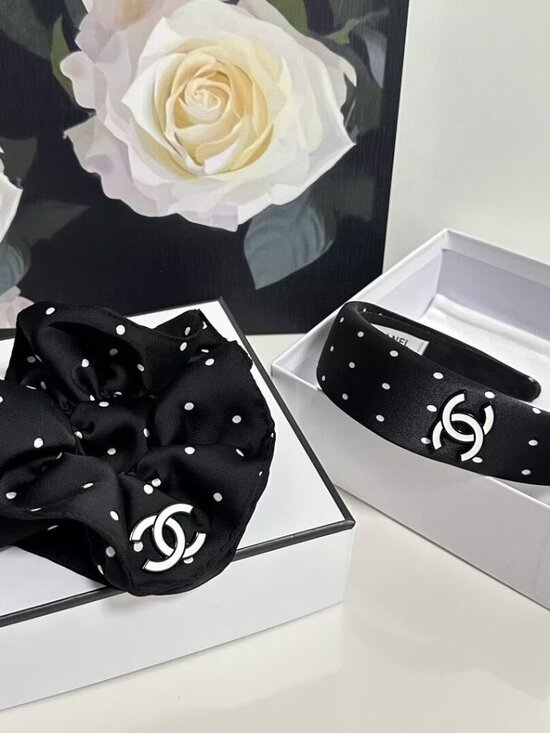 CHANEL Black & White Polka Dot Headband with Matching Scrunchie